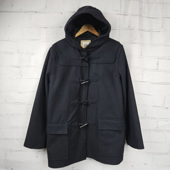 Gap Wool Blend Hooded Duffle Pea Coat Womens M Navy Black Winter Heavy Warm - Picture 1 of 16